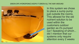 In this system we chose
to place a sump pump
just outside the rooms.
This allowed for the old
nutrient solution to be
used within the
customers outdoor
garden as it's pumped
out ! Speaking of which...
did I mention that our
systems only require
attention every 2 weeks
GREEN OPS HYDROPONICS KEEPS IT GREEN ALL THE WAY AROUND
 