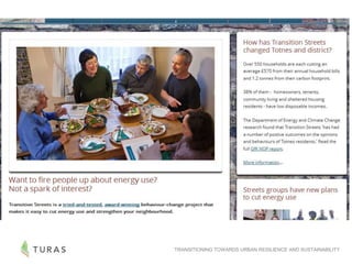 TRANSITIONING TOWARDS URBAN RESILIENCE AND SUSTAINABILITY
ENGAGING LOCAL COMMUNITIES
AND HOUSEHOLDS
 