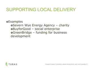 TRANSITIONING TOWARDS URBAN RESILIENCE AND SUSTAINABILITY
SUPPORTING LOCAL DELIVERY
Examples
Severn Wye Energy Agency – charity
BuyforGood – social enterprise
GreenBridge – funding for business
development
 