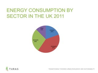 TRANSITIONING TOWARDS URBAN RESILIENCE AND SUSTAINABILITY
ENERGY CONSUMPTION BY
SECTOR IN THE UK 2011
industry
20%
transport
40%
domestic
28%
other
12%
 