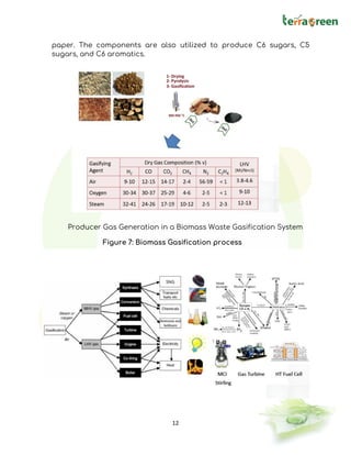 12
paper. The components are also utilized to produce C6 sugars, C5
sugars, and C6 aromatics.
Producer Gas Generation in a Biomass Waste Gasification System
Figure 7: Biomass Gasification process
 