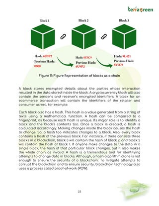 22
Figure 11: Figure Representation of blocks as a chain
A block stores encrypted details about the parties whose interaction
resulted in the data stored inside the block. A cryptocurrency block will also
contain the sender’s and receiver’s encrypted identifiers. A block for an
ecommerce transaction will contain the identifiers of the retailer and
consumer as well, for example.
Each block also has a hash. This hash is a value generated from a string of
texts using a mathematical function. A hash can be compared to a
fingerprint, as because each hash is unique. Its major role is to identify a
block and the block’s contents too. Once a block is created, a hash is
calculated accordingly. Making changes inside the block causes the hash
to change. So, a hash too indicates changes to a block. Also, every block
contains a hash of the previous block. For instance, if there consists three
blocks in a blockchain, block 3 will contain the hash of block 2, and block 2
will contain the hash of block 1. If anyone make changes to the data in a
single block, the hash of that particular block changes, but it also makes
the whole chain as invalid. A hash is a tremendous tool for identifying
attempts to change data in blocks. Although, a hash algorithm alone is not
enough to ensure the security of a blockchain. To mitigate attempts to
corrupt the blockchain and to ensure security, blockchain technology also
uses a process called proof-of-work (POW).
 