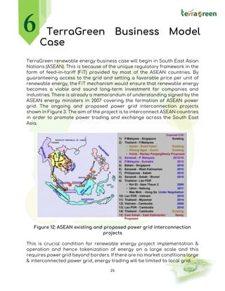 25
TerraGreen Business Model
Case
TerraGreen renewable energy business case will begin in South East Asian
Nations (ASEAN). This is because of the unique regulatory framework in the
form of feed-in-tariff (FiT) provided by most of the ASEAN countries. By
guaranteeing access to the grid and setting a favorable price per unit of
renewable energy, the FiT mechanism would ensure that renewable energy
becomes a viable and sound long-term investment for companies and
industries. There is already a memorandum of understanding signed by the
ASEAN energy ministers in 2007 covering the formation of ASEAN power
grid. The ongoing and proposed power grid interconnection projects
shown in Figure 3. The aim of the project is to interconnect ASEAN countries
in order to promote power trading and exchange across the South East
Asia.
Figure 12: ASEAN existing and proposed power grid interconnection
projects
This is crucial condition for renewable energy project implementation &
operation and hence tokenization of energy on a large scale and this
requires power grid beyond borders. If there are no market conditions large
& interconnected power grid, energy trading will be limited to local grid.
 