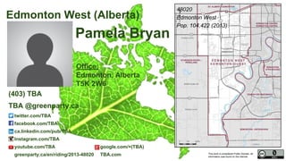 This work is considered Public Domain, all
information was found on the internet.
48012 Calgary Signal Hill (Alberta)
48012
Calgary Signal Hill
Pop. 109,647 (2011)
Electors 84,765 (2015)
Turnout 62,708 73.98%
Taryn Knorren
(403) 510 9944
taryn.knorren@greenparty.ca
twitter.com/tarynknorren
facebook.com/tarynknorrensignalhill
ca.linkedin.com/pub/taryn-knorren/53/66/166
Instagram.com/tknorren
greenparty.ca/en/riding/2013-48012 greenpartysignalhill.com
Confirmed Candidate
Photo From GreenParty.ca
Map Image From Elections Canada elections.ca
 