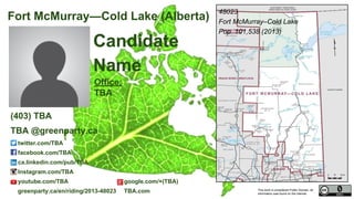 This work is considered Public Domain, all
information was found on the internet.
twitter.com/heatherworkman_
facebook.com/pages/Heather-Workman-GPC/837088143031151
greenparty.ca/en/riding/2013-48015 heatherworkman.ca
48015 Edmonton Griesbach (Alberta)
48015
Edmonton Griesbach
Pop. 107,809 (2011)
Electors 79,980 (2015)
Turnout 48,231 60.30%
Heather Workman
(780) 475-9198
heather.workman@greenparty.ca
Confirmed Candidate
Photo From GreenParty.ca
Map Image From Elections Canada elections.ca
Image from Wikipedia
 