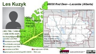This work is considered Public Domain, all
information was found on the internet.
48030 Red Deer—Lacombe (Alberta)
48030
Red Deer–Lacombe
Pop. 113,693 (2011)
Electors 86,609 (2015)
Turnout 61,838 71.40%
Office:
TBA, Calgary,
Alberta
T3K 3Z1
Les Kuzyk
(403) TBA / 1-866-868-3447
(1-866-VOTE-4-GP)
les.kuzyk@greenparty.ca
twitter.com/TBA
facebook.com/TBA
ca.linkedin.com/pub/TBA
Instagram.com/TBA
youtube.com/TBA google.com/+(TBA)
greenparty.ca/en/riding/2013-48030 TBA.com
Map Image From Elections Canada elections.ca
Confirmed Candidate
Photo not available
 