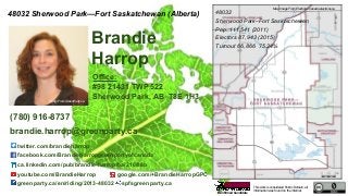 This work is considered Public Domain, all
information was found on the internet.
48032 Sherwood Park—Fort Saskatchewan (Alberta)
twitter.com/brandieharrop
facebook.com/Brandieharropgreenpartyofcanada
ca.linkedin.com/pub/brandie-harrop/ba/210/88b
youtube.com/BrandieHarrop google.com/+BrandieHarropGPC
greenparty.ca/en/riding/2013-48032 spfsgreenparty.ca
48032
Sherwood Park–Fort Saskatchewan
Pop. 111,541 (2011)
Electors 87,943 (2015)
Turnout 66,866 75.24%
Brandie
Harrop
(780) 916-8737
brandie.harrop@greenparty.ca
Confirmed Candidate
Office:
#98 21431 TWP 522
Sherwood Park, AB T8E 1H3
Photo From GreenParty.ca
Map Image From Elections Canada elections.ca
 