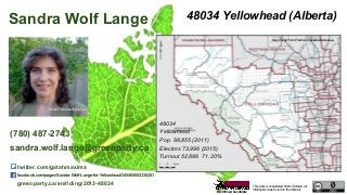 This work is considered Public Domain, all
information was found on the internet.
48034 Yellowhead (Alberta)
48034
Yellowhead
Pop. 98,855 (2011)
Electors 73,996 (2015)
Turnout 52,686 71.20%
Sandra Wolf Lange
(780) 487-2743
sandra.wolf.lange@greenparty.ca
twitter.com/gatahmaxima
facebook.com/pages/Sandra-Wolf-Lange-for-Yellowhead/345465082330281
greenparty.ca/en/riding/2013-48034
Confirmed Candidate
Photo From GreenParty.ca
Map Image From Elections Canada elections.ca
 