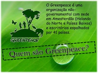 O Greenpeace é uma
organização não-
governamental com sede
em Amesterdão (Holanda
do Norte e Países Baixos)
e escritórios espalhados
por 41 países.
 