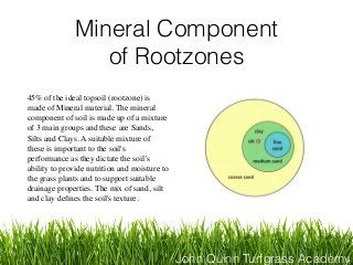 John Quinn Turfgrass Academy
Mineral Component
of Rootzones
45% of the ideal topsoil (rootzone) is
made of Mineral material. The mineral
component of soil is made up of a mixture
of 3 main groups and these are Sands,
Silts and Clays. A suitable mixture of
these is important to the soil's
performance as they dictate the soil’s
ability to provide nutrition and moisture to
the grass plants and to support suitable
drainage properties. The mix of sand, silt
and clay deﬁnes the soil's texture.
 