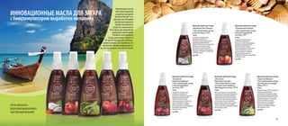 29
Масло для золотистого загара
“Багамский
Вишневый Дайкири”
с биостимулятором загара
и маслом вишневой
косточки, SPF7
150 мл
Разработано специально для
получения натурального и
безопасного загара. Биостимулятор
выработки меланина RonaCare
Bronzyl® обеспечит быстрое
появление красивого оттенка кожи,
усилит интенсивность загара и
поможет дольше его сохранить.
Масло вишневой косточки поддержит
ухоженный, сияющий вид и
молодость кожи.
Код 5103
Масло для золотистого загара
«Карибская Пина Колада»
с биостимулятором загара
и маслом кокоса, SPF3
150 мл
Разработано специально для
получения натурального и
безопасного загара. Биостимулятор
выработки меланина RonaCare
Bronzyl®обеспечитбыстроепоявление
красивого оттенка кожи, усилит
интенсивность загара и поможет
дольше его сохранить. Масло кокоса
поддержит ухоженный, сияющий вид
и молодость кожи.
Код 5101
Масло для золотистого загара
«Испанская
Малиновая Сангрия»
с биостимулятором загара,
маслами семян малины и
виноградной косточки, SPF10
150 мл
Масло для загара с SPF 10 разработано
специально для получения натурального
и безопасного загара. Биостимулятор
выработки меланина RonaCare Bronzyl®
обеспечит быстрое появление красивого
оттенка кожи, усилит интенсивность
загара и поможет дольше его сохранить.
Масла семян малины и виноградной
косточки обеспечат ухоженный, сияющий
вид и молодость кожи.
Код 5104
Масло для золотистого загара
“Итальянский Беллини”
с биостимулятором загара
и маслом персиковой
косточки, SPF5
150 мл
Разработано специально для
получения натурального и
безопасного загара. Биостимулятор
выработки меланина RonaCare
Bronzyl® обеспечит быстрое
появление красивого оттенка кожи,
усилит интенсивность загара и
поможет дольше его сохранить.
Масло персиковой косточки
поддержит ухоженный, сияющий вид
и молодость кожи.
Код 5102
Масло для золотистого загара
«Гаванский Мохито»
с биостимулятором загара,
маслами мяты и кожуры
лайма, SPF15
150 мл
Масло для загара с SPF15 разработано
специально для получения
натурального и безопасного загара.
Биостимулятор выработки меланина
RonaCare Bronzyl® обеспечит быстрое
появление красивого оттенка кожи,
усилит интенсивность загара и
поможет дольше его сохранить.
Масла мяты и кожуры лайма
обеспечат ухоженный, сияющий
вид и молодость кожи.
Код 5105
ИННОВАЦИОННЫЕ МАСЛА ДЛЯ ЗАГАРА
с биостимулятором выработки меланина
Включенный в состав
масел биостимулятор
выработки меланина
RonaCare Bronzyl® спо-
собствует постепенному
проявлению идеально
ровного натурального
загара без солнца уже на
10-ый день при ежедневном
двукратном применении.
Усиливает интенсивность
загара, увеличивает защиту от
UV-лучей. Подходит для использо-
вания в солярии. Без парабенов, без
красителей. Ровный натуральный за-
гар как под солнцем, так и без UV-лучей.
ЭТО НЕ АВТОЗАГАР –
ВАША КОЖА ВЫРАБАТЫВАЕТ
СОБСТВЕННЫЙ МЕЛАНИН!
 