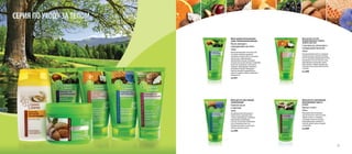 17
Крем для ног смягчающий
заживляющий
Льняное масло
и прополис
150 мл
Насыщенный крем интенсивно и
глубоко питает, увлажняет кожу
ступней, предотвращает появление
микротрещин и огрубевших
участков, способствует обновлению
и восстановлению кожи стоп.
Подходит для ухода за очень сухой
кожей на коленях и локтях.
Код 2009
Крем суперпитательный для
сухой, обезвоженной кожи рук
Масло авокадо и
смородиновых косточек
150 мл
Восхитительный крем с богатой густой
текстурой и приятным ароматом
интенсивно и глубоко питает и насыщает
влагой сухую, поврежденную и
обезвоженную кожу рук. Благодаря
натуральным маслам авокадо и смородины
быстро восстанавливает эластичность,
защищает, предотвращает появление
шелушения и трещин. Возвращает
коже рук молодой и здоровый вид и
делает ее гладкой, нежной, ухоженной и
шелковистой.
Код 2011
Крем для ног освежающий,
уменьшающий тяжесть
в ногах
Каштан и мята
150 мл
Прохладный крем возвращает
чувство легкости и свежести ногам,
снимает усталость, тонизирует
и охлаждает кожу ног, улучшает
микроциркуляцию, увлажняет и
смягчает, делает кожу ног гладкой
и ухоженной.
Код 2008
Крем для рук и ногтей,
предупреждающий старение,
тройного действия
С маслом ши, апельсина и
гиалуроновой кислотой
150 мл
Насыщенный крем питает и защищает
нежную кожу рук, увлажняет кутикулу
ногтей. Благодаря гиалуроновой кислоте
омолаживает и слегка осветляет кожу,
предотвращает шелушение и делает
кожу нежной и гладкой. Подходит для
смягчения очень сухой кожи на локтях
и коленях.
Код 2006
CЕРИЯ ПО УХОДУ ЗА ТЕЛОМ
 