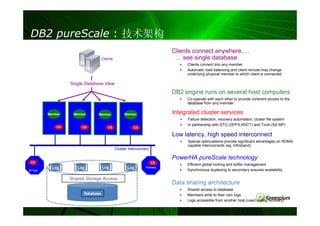 DB2 pureScale : 技术架构
                                                                          Clients connect anywhere,…
                                    Clients                                … see single database
                                                                               Clients connect into any member
                                                                               Automatic load balancing and client reroute may change
                                                                               underlying physical member to which client is connected

                   Single Database View
                                                                          DB2 engine runs on several host computers
                                                                               Co-operate with each other to provide coherent access to the
                                                                               database from any member

          Member    Member      Member             Member                 Integrated cluster services
                                                                               Failure detection, recovery automation, cluster file system
                                                                               In partnership with STG (GPFS,RSCT) and Tivoli (SA MP)
              CS        CS              CS               CS

                                                                          Low latency, high speed interconnect
                                                                               Special optimizations provide significant advantages on RDMA-
                                                                               capable interconnects (eg. Infiniband)
                                              Cluster Interconnect

                                                                          PowerHA pureScale technology
 CS                                                                  CS
                                                                               Efficient global locking and buffer management
            Log       Log           Log              Log        Primary
2nd-ary                                                                        Synchronous duplexing to secondary ensures availability

                   Shared Storage Access
                                                                          Data sharing architecture
                                                                               Shared access to database
                         Database                                              Members write to their own logs
                                                                               Logs accessible from another host (used during recovery)
 