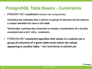 PostgreSQL Table Basics - Constraints
     • PRIMARY KEY constraint insures row uniqueness.

       A primary key indicates that a column or group of columns can be used as
       a unique identiﬁer for rows in the table.

       Technically, a primary key constraint is simply a combination of a UNIQUE
       constraint and a NOT NULL constraint.

     • FOREIGN KEY constraint speciﬁes that values in a column (or a
       group of columns) of a given table must match the values
       appearing in another table. * NOT SUPPORTED IN GREENPLUM




                                        Greenplum Confidential
15
 
