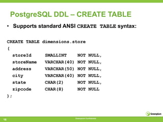 PostgreSQL DDL – CREATE TABLE
     • Supports standard ANSI CREATE TABLE syntax:

     CREATE TABLE dimensions.store
     (
       storeId     SMALLINT    NOT NULL,
       storeName   VARCHAR(40) NOT NULL,
       address     VARCHAR(50) NOT NULL,
       city        VARCHAR(40) NOT NULL,
       state       CHAR(2)     NOT NULL,
       zipcode     CHAR(8)     NOT NULL
     );



                              Greenplum Confidential
16
 