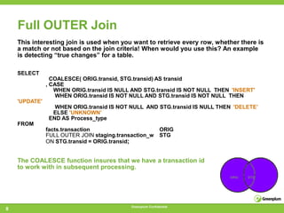 Full OUTER Join
    This interesting join is used when you want to retrieve every row, whether there is
    a match or not based on the join criteria! When would you use this? An example
    is detecting ―true changes‖ for a table.

    SELECT
                 COALESCE( ORIG.transid, STG.transid) AS transid
               , CASE
                  WHEN ORIG.transid IS NULL AND STG.transid IS NOT NULL THEN 'INSERT'
                   WHEN ORIG.transid IS NOT NULL AND STG.transid IS NOT NULL THEN
    'UPDATE'
                  WHEN ORIG.transid IS NOT NULL AND STG.transid IS NULL THEN 'DELETE‘
                 ELSE 'UNKNOWN‘
                END AS Process_type
    FROM
               facts.transaction                             ORIG
               FULL OUTER JOIN staging.transaction_w         STG
               ON STG.transid = ORIG.transid;


    The COALESCE function insures that we have a transaction id
    to work with in subsequent processing.
                                                                            ORIG   STG




                                            Greenplum Confidential
8
 