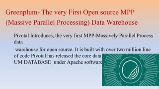 Greenplum- The very First Open source MPP
(Massive Parallel Processing) Data Warehouse
Pivotal Introduces, the very first MPP-Massively Parallel Process
data
warehouse for open source. It is built with over two million line
of code Pivotal has released the core data solutions – GREENPL
UM DATABASE under Apache software.
 
