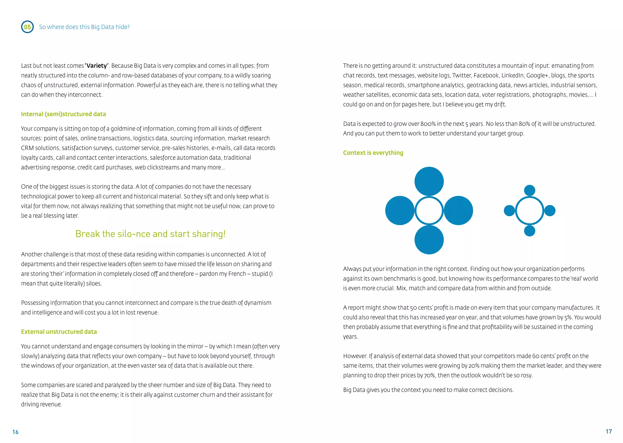05    So where does this Big Data hide?




     Last but not least comes ‘Variety’. Because Big Data is very complex and comes in all types: from         There is no getting around it: unstructured data constitutes a mountain of input: emanating from
     neatly structured into the column- and row-based databases of your company, to a wildly soaring           chat records, text messages, website logs, Twitter, Facebook, LinkedIn, Google+, blogs, the sports
     chaos of unstructured, external information. Powerful as they each are, there is no telling what they     season, medical records, smartphone analytics, geotracking data, news articles, industrial sensors,
     can do when they interconnect.                                                                            weather satellites, economic data sets, location data, voter registrations, photographs, movies,… I
                                                                                                               could go on and on for pages here, but I believe you get my drift.
     Internal (semi)structured data
                                                                                                               Data is expected to grow over 800% in the next 5 years. No less than 80% of it will be unstructured.
     Your company is sitting on top of a goldmine of information, coming from all kinds of different
                                                                                                               And you can put them to work to better understand your target group.
     sources: point of sales, online transactions, logistics data, sourcing information, market research
     CRM solutions, satisfaction surveys, customer service, pre-sales histories, e-mails, call data records
                                                                                                               Context is everything
     loyalty cards, call and contact center interactions, salesforce automation data, traditional
     advertising response, credit card purchases, web clickstreams and many more…


     One of the biggest issues is storing the data. A lot of companies do not have the necessary
     technological power to keep all current and historical material. So they sift and only keep what is
     vital for them now, not always realizing that something that might not be useful now, can prove to
     be a real blessing later.


                            Break the silo-nce and start sharing!

     Another challenge is that most of these data residing within companies is unconnected. A lot of
     departments and their respective leaders often seem to have missed the life lesson on sharing and
                                                                                                               Always put your information in the right context. Finding out how your organization performs
     are storing ‘their’ information in completely closed off and therefore – pardon my French – stupid (I
                                                                                                               against its own benchmarks is good, but knowing how its performance compares to the ‘real’ world
     mean that quite literally) siloes.
                                                                                                               is even more crucial. Mix, match and compare data from within and from outside.

     Possessing information that you cannot interconnect and compare is the true death of dynamism
                                                                                                               A report might show that 50 cents’ profit is made on every item that your company manufactures. It
     and intelligence and will cost you a lot in lost revenue.
                                                                                                               could also reveal that this has increased year on year, and that volumes have grown by 5%. You would
                                                                                                               then probably assume that everything is fine and that profitability will be sustained in the coming
     External unstructured data
                                                                                                               years.
     You cannot understand and engage consumers by looking in the mirror – by which I mean (often very
     slowly) analyzing data that reflects your own company – but have to look beyond yourself, through         However. If analysis of external data showed that your competitors made 60 cents’ profit on the
     the windows of your organization, at the even vaster sea of data that is available out there.             same items, that their volumes were growing by 20% making them the market leader, and they were
                                                                                                               planning to drop their prices by 70%, then the outlook wouldn’t be so rosy.
     Some companies are scared and paralyzed by the sheer number and size of Big Data. They need to
                                                                                                               Big Data gives you the context you need to make correct decisions.
     realize that Big Data is not the enemy; it is their ally against customer churn and their assistant for
     driving revenue.



16                                                                                                                                                                                                                    17
 