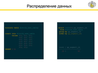 Распределение данных
truncate table distrib_test_table;
insert into distrib_test_table
values (1), (1), (1),
(1), (1), (1),
(1), (1), (1),
(1), (1), (1),
(1), (1), (1),
(1), (1), (1),
(1), (1);
INSERT 0 20
select count(1),gp_segment_id
from distrib_test_table
group by gp_segment_id
order by gp_segment_id;
count | gp_segment_id
-------+---------------
20 | 42
 