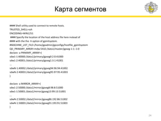Карта сегментов
#### Shell utility used to connect to remote hosts.
TRUSTED_SHELL=ssh
ENCODING=WIN1251
#### Specify the location of the host address file here instead of
#### with the the -h option of gpinitsystem.
#MACHINE_LIST_FILE=/home/gpadmin/gpconfigs/hostfile_gpinitsystem
QD_PRIMARY_ARRAY=mdw:5432:/data1/master/gpseg-1:1:-1:0
declare -a PRIMARY_ARRAY=(
sdw1-1:40000:/data1/primary/gpseg0:2:0:41000
sdw1-2:40001:/data1/primary/gpseg1:3:1:41001
...
sdwN-1:40002:/data2/primary/gpseg94:96:94:41002
sdwN-2:40003:/data2/primary/gpseg95:97:95:41003
)
declare -a MIRROR_ARRAY=(
sdw1-2:50000:/data1/mirror/gpseg8:98:8:51000
sdw1-1:50001:/data1/mirror/gpseg13:99:13:51001
...
sdwN-2:50002:/data2/mirror/gpseg86:192:86:51002
sdwN-1:50003:/data2/mirror/gpseg91:193:91:51003
)
24
 