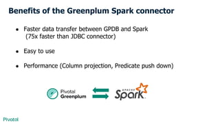 Benefits of the Greenplum Spark connector
● Faster data transfer between GPDB and Spark
(75x faster than JDBC connector)
● Easy to use
● Performance (Column projection, Predicate push down)
 