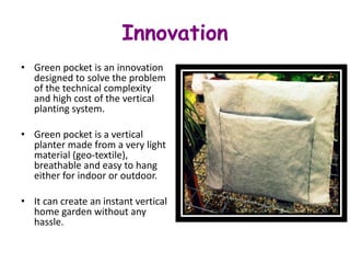 Innovation
• Green pocket is an innovation
designed to solve the problem
of the technical complexity
and high cost of the vertical
planting system.
• Green pocket is a vertical
planter made from a very light
material (geo-textile),
breathable and easy to hang
either for indoor or outdoor.
• It can create an instant vertical
home garden without any
hassle.
 