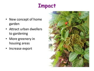 Impact
• New concept of home
garden
• Attract urban dwellers
to gardening
• More greenery in
housing areas
• Increase export
 