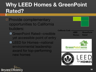 Why LEED Homes & GreenPoint Rated? Provide complementary opportunities to California builders: GreenPoint Rated--credible yet accessible point of entry LEED for Homes--national environmental leadership award for top-performing new homes California Code GreenPoint Rated  LEED Homes  