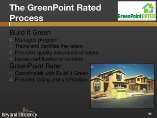 The GreenPoint Rated  Process Build It Green Manages program  Trains and certifies the raters Provides quality assurance of raters Issues certificates to builders GreenPoint Rater Coordinates with Build It Green  Provides rating and verification 