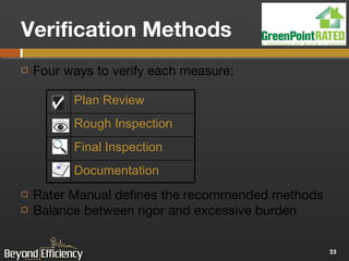 Verification Methods Four ways to verify each measure: Rater Manual defines the recommended methods  Balance between rigor and excessive burden Plan Review Rough Inspection Final Inspection Documentation 