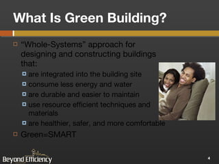 What Is Green Building? “ Whole-Systems” approach for designing and constructing buildings that: are integrated into the building site  consume less energy and water are durable and easier to maintain use resource efficient techniques and materials are healthier, safer, and more comfortable Green=SMART 