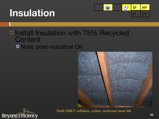 Insulation Install Insulation with 75% Recycled Content Note: post-industrial OK SF MF SF MF C9 F1 Field: ONLY cellulose, cotton, rockwool meet this  