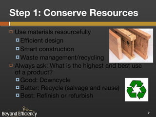 Step 1: Conserve Resources Use materials resourcefully Efficient design  Smart construction Waste management/recycling Always ask: What is the highest and best use of a product? Good: Downcycle Better: Recycle (salvage and reuse) Best: Refinish or refurbish  