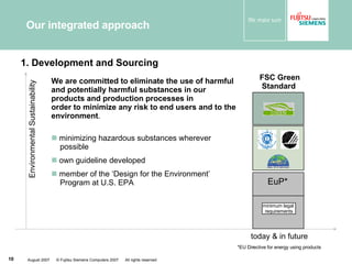 Our integrated approach FSC Green Standard EuP* today & in future Environmental Sustainability *EU Directive for energy using products minimum legal  requirements We are committed to eliminate the use of harmful and potentially harmful substances in our products and production processes in order to minimize any risk to end users and to the environment . minimizing hazardous substances wherever   possible  own guideline developed member of the ‘Design for the Environment’   Program at U.S. EPA Going well beyond what laws require 1. Development and Sourcing 