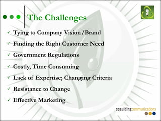 The Challenges Tying to Company Vision/Brand Finding the Right Customer Need Government Regulations Costly, Time Consuming Lack of Expertise; Changing Criteria Resistance to Change Effective Marketing 
