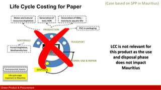 Life Cycle Costing for Paper
LCC is not relevant for
this product as the use
and disposal phase
does not impact
Mauritius
...