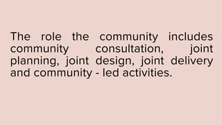 The role the community includes
community consultation, joint
planning, joint design, joint delivery
and community - led activities.
 