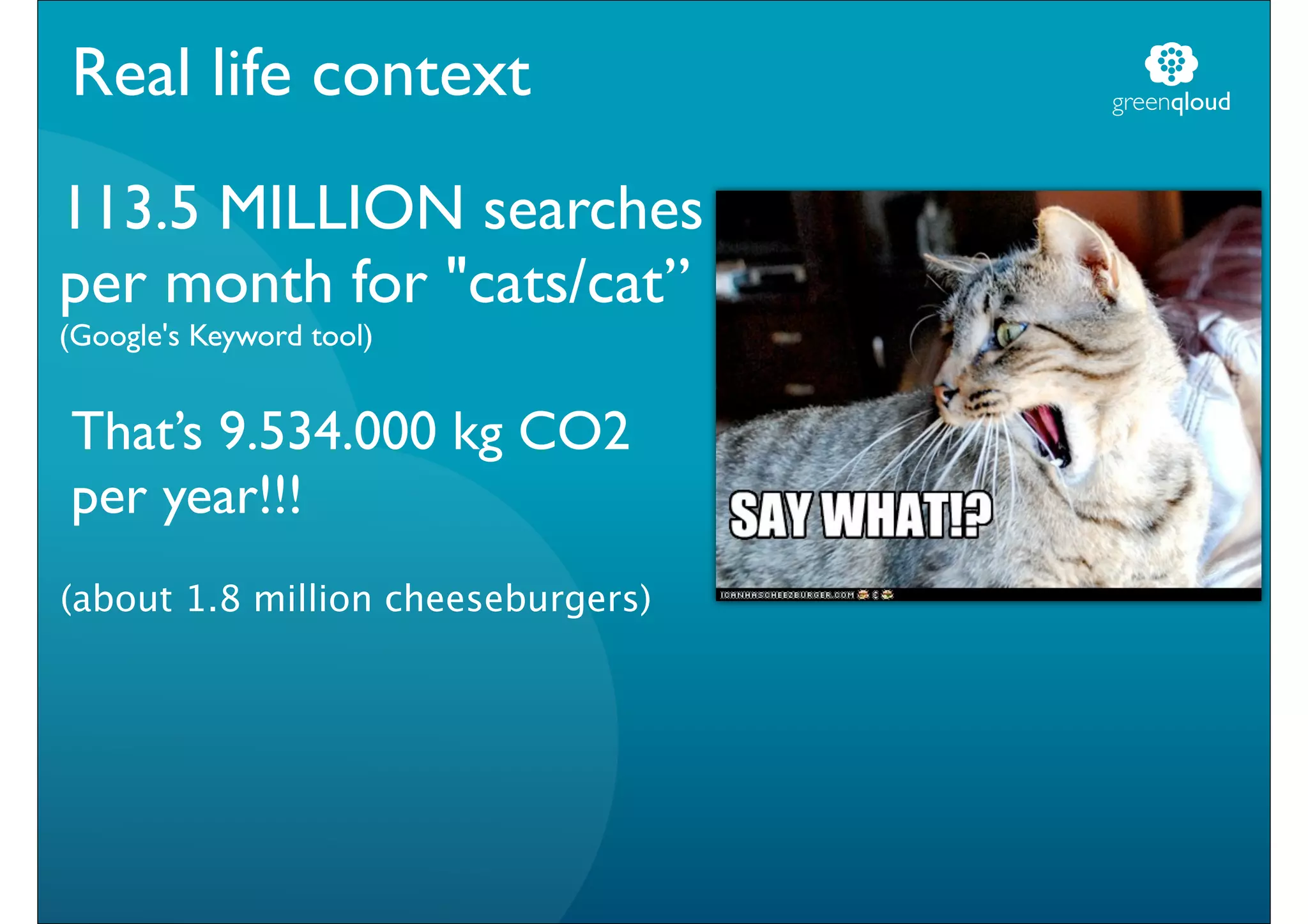 Real life context                   greenqloud



113.5 MILLION searches
per month for "cats/cat”
(Google's Keyword tool)


That’s 9.534.000 kg CO2
per year!!!
(about 1.8 million cheeseburgers)
 