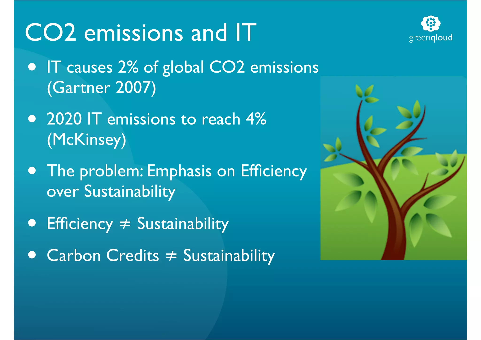 CO2 emissions and IT                       greenqloud


•   IT causes 2% of global CO2 emissions
    (Gartner 2007)

•   2020 IT emissions to reach 4%
    (McKinsey)

•   The problem: Emphasis on Efﬁciency
    over Sustainability

•   Efﬁciency ≠ Sustainability

•   Carbon Credits ≠ Sustainability
 