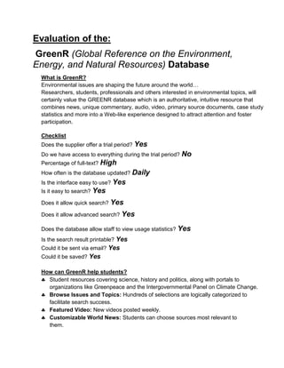Evaluation of the:  GreenR (Global Reference on the Environment, Energy, and Natural Resources) Database  ,[object Object]