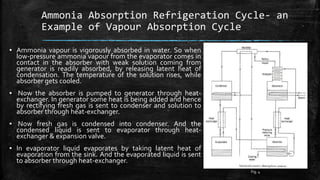 Ammonia Absorption Refrigeration Cycle- an
Example of Vapour Absorption Cycle
▪ Ammonia vapour is vigorously absorbed in water. So when
low-pressure ammonia vapour from the evaporator comes in
contact in the absorber with weak solution coming from
generator is readily absorbed, by releasing latent heat of
condensation. The temperature of the solution rises, while
absorber gets cooled.
▪ Now the absorber is pumped to generator through heat-
exchanger. In generator some heat is being added and hence
by rectifying fresh gas is sent to condenser and solution to
absorber through heat-exchanger.
▪ Now fresh gas is condensed into condenser. And the
condensed liquid is sent to evaporator through heat-
exchanger & expansion valve.
▪ In evaporator liquid evaporates by taking latent heat of
evaporation from the sink. And the evaporated liquid is sent
to absorber through heat-exchanger.
Fig. 4
 
