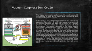 Vapour Compression Cycle
The vapour-compression cycle is used in most household
refrigerators as well as in many large commercial and
industrial refrigeration systems.
In this cycle, a circulating refrigerant enters the compressor
as vapour. From point 1 to point 2, the vapour is compressed
at constant entropy and exits as a vapour at a higher
pressure, but still below the vapour pressure at that
temperature. From point 2 to point 3, the vapour travels
through the condenser which cools the vapour until it starts
condensing by removing additional heat at constant
pressure. Between points 3 and 4, the liquid refrigerant goes
through the expansion valve where its pressure abruptly
decreases, causing flash evaporation and auto-refrigeration
of the liquid. That results in a mixture of liquid and vapour at a
lower temperature at point 4. The cold liquid-vapour mixture
then travels through the evaporator tubes and is completely
vaporized by cooling the warm air (from the space being
refrigerated). The resulting refrigerant vapour returns to the
compressor inlet at point 1 to complete the thermodynamic
cycle.
Fig. 1
 