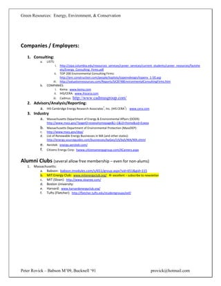 Green Resources: Energy, Environment, & Conservation




Companies / Employers:
   1. Consulting:
            a.   LISTS:
                          i.
                         http://sipa.columbia.edu/resources_services/career_services/current_students/career_resources/factshe
                         ets/Energy_Consulting_Firms.pdf
                     ii. TOP 200 Environmental Consulting Firms:
                         http://enr.construction.com/people/toplists/topenvdesign/topenv_1-50.asp
                    iii. http://valuationresources.com/Reports/SIC8748EnvironmentalConsultingFirms.htm
            b.   COMPANIES:
                      i. Kema: www.kema.com
                     ii. IHS/CERA: www.ihscera.com
                    iii. Cadmus: http://www.cadmusgroup.com/
   2. Advisors/Analysis/Reporting:
         a. IHS Cambridge Energy Research Associates®, Inc. (IHS CERA®) www.cera.com
   3. Industry
         a. Massachusetts Department of Energy & Environmental Affairs (DOER):
                 http://www.mass.gov/?pageID=eoeeahomepage&L=1&L0=Home&sid=Eoeea
            b.   Massachusetts Department of Environmental Protection (MassDEP):
            c.   http://www.mass.gov/dep/
            d.   List of Renewable Energy Businesses in MA (and other states):
                 http://energy.sourceguides.com/businesses/byGeo/US/byS/MA/MA.shtml
            e.   Aerotek: energy.aerotek.com/
            f.   Citizens Energy Corp: hwww.citizensenergygroup.com/ACareers.aspx


Alumni Clubs (several allow free membership – even for non-alums)
   1.   Massachusetts:
           a. Babson: babson.imodules.com/s/651/group.aspx?sid=651&gid=115
           b. MIT Energy Club: www.mitenergyclub.org/  excellent – subscribe to newsletter
           c. MIT (Sloan): http://www.sloanee.com/
           d. Boston University:
           e. Harvard: www.harvardenergyclub.org/
           f. Tufts (Fletcher): http://fletcher.tufts.edu/studentgroups/eef/




Peter Rovick – Babson M’09, Bucknell ‘91                                                   provick@hotmail.com
 
