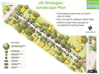 LID Strategies
Landscape Plan                                    8



          • Overhead power lines on North
            side of street
          • Use of small to medium street trees
          • Uniform street tree canopy to
            compliment existing trees
 