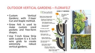 OUTDOOR VERTICAL GARDENS – FLORAFELT
• Custom Vertical
Gardens with 2-layer
Cut and Staple method.
• Grow Felt is used to
make custom sized
pockets and free-form
shapes.
• Use 7-inch Grow Strip
with custom 6 x 6 inch
wire grids to create
extremely robust
vertical gardens.
31
 
