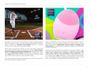 7
PUBLIC RELATIONS SUCCESSES
Foreo is a $2 billion oral and skincare brand that needed to make a
big splash in the tech vertical leading up to CES. In the six months
prior, GreenRoom aggressively placed product coverage and
brand stories with key outlets through the holidays and strategized
for their CES debut.
Results: During the 10-day CES timeframe in January, FOREO’s UFO
garnered over 955,219,979 impressions. Highlights include: USA
Today, CNET, Digital Trends, Engadget, Allure, Refinery29, The
Next Web, and YouTube sensation, iJustine. Additionally, the UFO
was recognized as CES 2018 Editors’ Choice Awards by Reviewed.
com. The Holmes Report recognized GreenRoom’s work as the
winner of the Best in Tradeshows & Events Award in 2019.
Blast Motion was launching a campaign with Major League Baseball
and the Houston Astros, and the agency spearheaded consumer
media outreach to showcase the product’s ability to improve
athletes at any stage with swing data insights.
Results: With a pre-launch strategy in place, the agency generated
coverage, executive profiles and product coverage in Men’s Fitness,
Sports Illustrated, Fox Business, Engadget, Inc., Dealerscope, Sport
Techie, and Wall Street Journal. GreenRoom coordinated a shoot
with CNET’s video team and the Houston Astros that was timed
around the All-Star game for maximum SEO value.
The Holmes Report recognized GreenRoom’s work as the winner of
the Lean Marketing category in 2017.
 