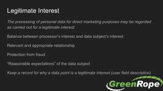 Legitimate Interest
The processing of personal data for direct marketing purposes may be regarded
as carried out for a legitimate interest.
Balance between processor’s interest and data subject’s interest
Relevant and appropriate relationship
Protection from fraud
“Reasonable expectations” of the data subject
Keep a record for why a data point is a legitimate interest (user field description)
 