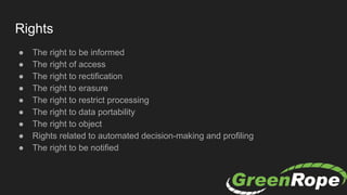 Rights
● The right to be informed
● The right of access
● The right to rectification
● The right to erasure
● The right to restrict processing
● The right to data portability
● The right to object
● Rights related to automated decision-making and profiling
● The right to be notified
 