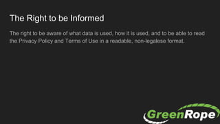 The Right to be Informed
The right to be aware of what data is used, how it is used, and to be able to read
the Privacy Policy and Terms of Use in a readable, non-legalese format.
 