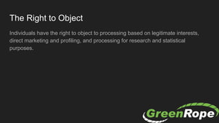 The Right to Object
Individuals have the right to object to processing based on legitimate interests,
direct marketing and profiling, and processing for research and statistical
purposes.
 